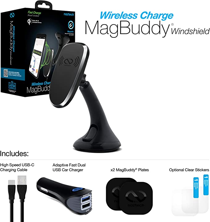 Naztech MagBuddy Wireless Charge Windshield Phone Mount [Hands-Free] Compatible for iPhone 13/12/11/Max/Pro Max, Galaxy S22/S20/S21,Note20/10/9 + More