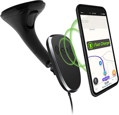 Naztech MagBuddy Wireless Charge Windshield Phone Mount [Hands-Free] Compatible for iPhone 13/12/11/Max/Pro Max, Galaxy S22/S20/S21,Note20/10/9 + More