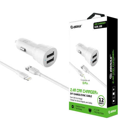 ESOULK 2.4A DUAL USB CAR CHARGER & 5FT CABLE FOR iPHONE