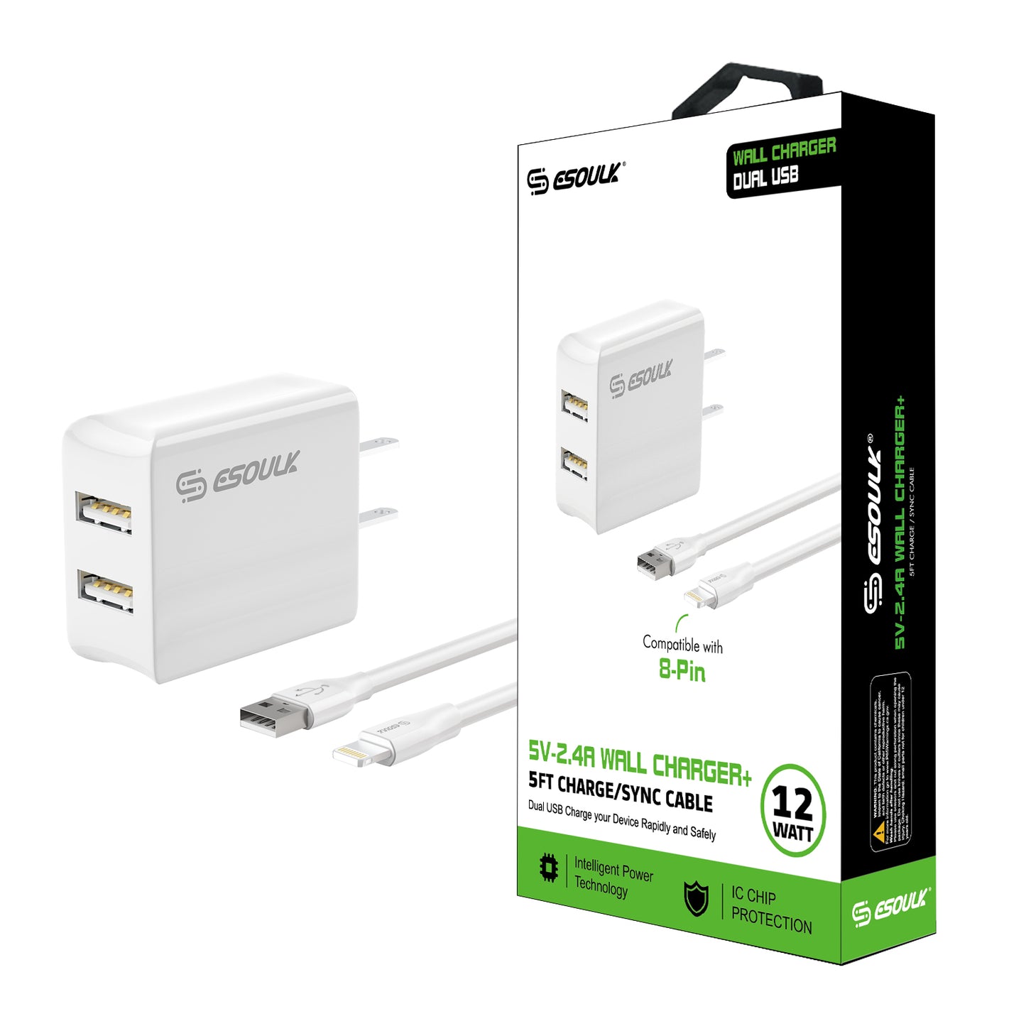 ESOULK 2.4A DUAL USB WALL CHARGER & 5FT iPHONE CABLE