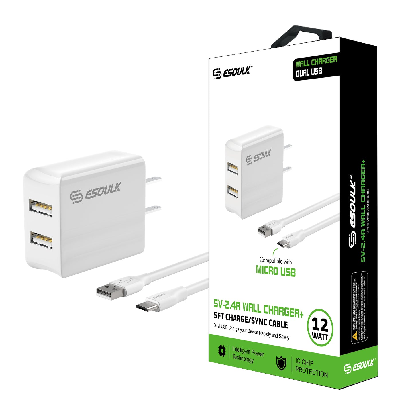 ESOULK 2.4A DUAL USB WALL CHARGER & 5FT MICRO CABLE