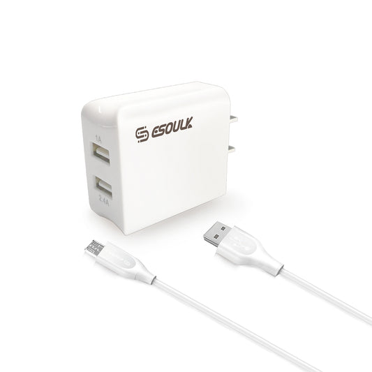 ESOULK 2.4A DUAL USB WALL CHARGER & 5FT MICRO CABLE